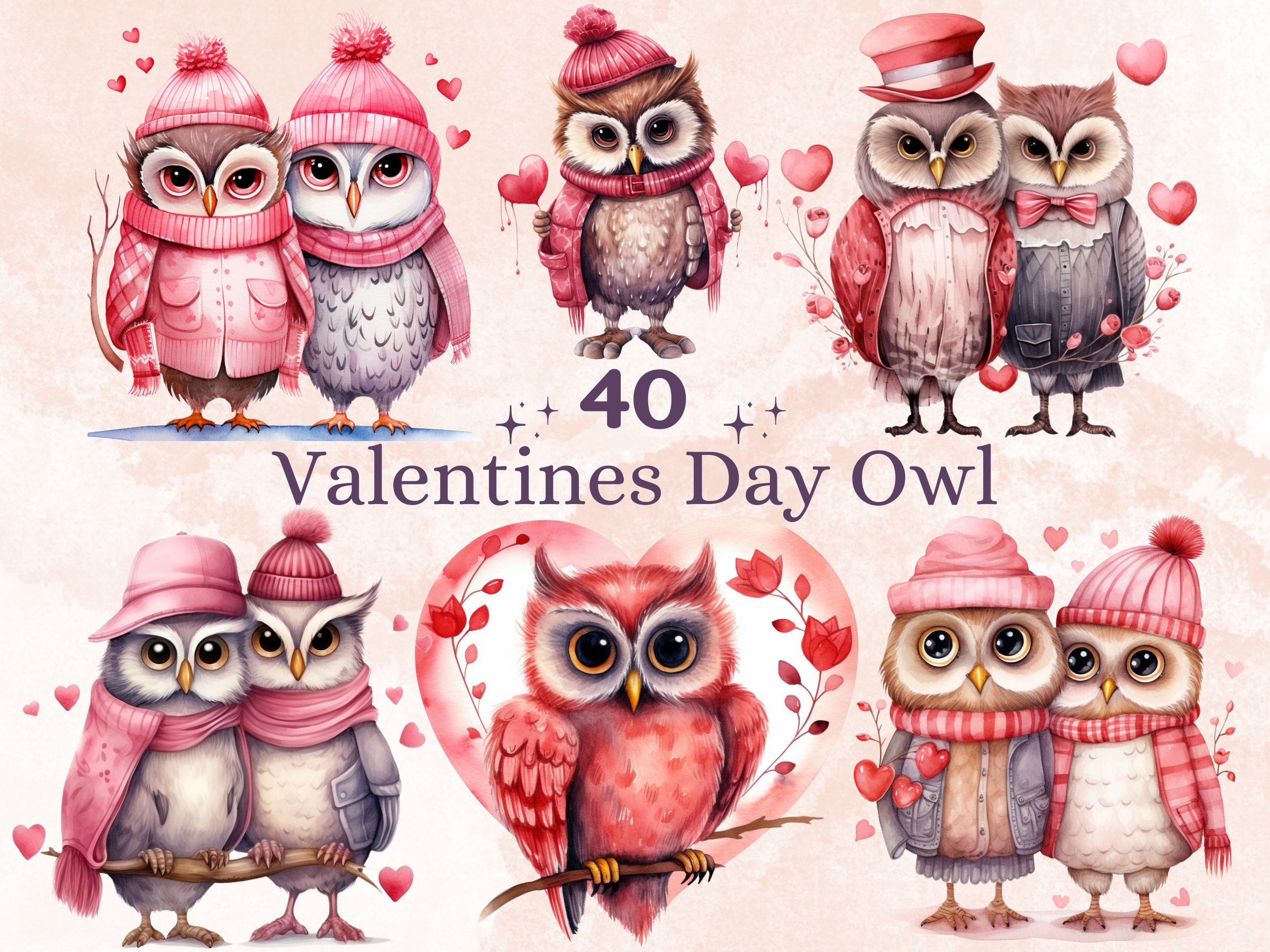 40 PNG Watercolor Valentine's Day Owls Clipart, Lovely Valentines Day Owl Couple Illustrations C