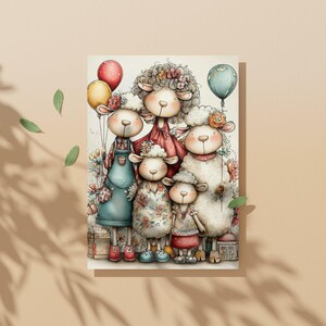 May include: A whimsical illustration of five sheep-like characters, each adorned with floral accents and holding balloons. The sheep are dressed in various outfits, including dresses and overalls, set against a backdrop of flowers and a small house.