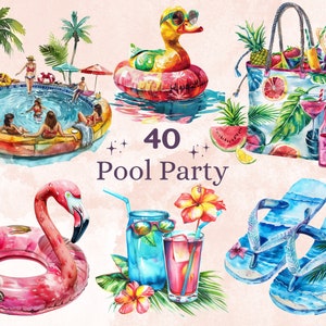 40 PNG Watercolor Pool Party Clipart, Summer Vibes Illustrations Clip art, Tropical Beach Cocktail Png, Summer Flamingo Float Sublimation