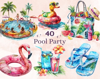 40 PNG Watercolor Pool Party Clipart, Summer Vibes Illustrations Clip art, Tropical Beach Cocktail Png, Summer Flamingo Float Sublimation