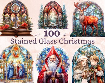 May include: A collection of 100 stained glass Christmas images. The images feature a variety of festive themes, including a stag, a winter scene, a nativity scene, Father Christmas, and children. The images are all in a stained glass style, with vibrant colours and intricate details.