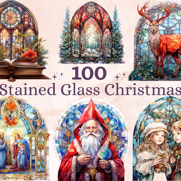 100 PNG Watercolor Stained Glass Christmas Big Bundle Clipart, Merry Christmas Illustrations Clip art, Stained Glass Winter Digital Sticker