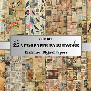 Puede incluir: Un paquete de papel digital con 25 diseños de patchwork de periódicos vintage. Los papeles son de 12x12 pulgadas y 300 DPI. Los diseños presentan una variedad de imágenes, incluyendo pájaros, flores y texto.