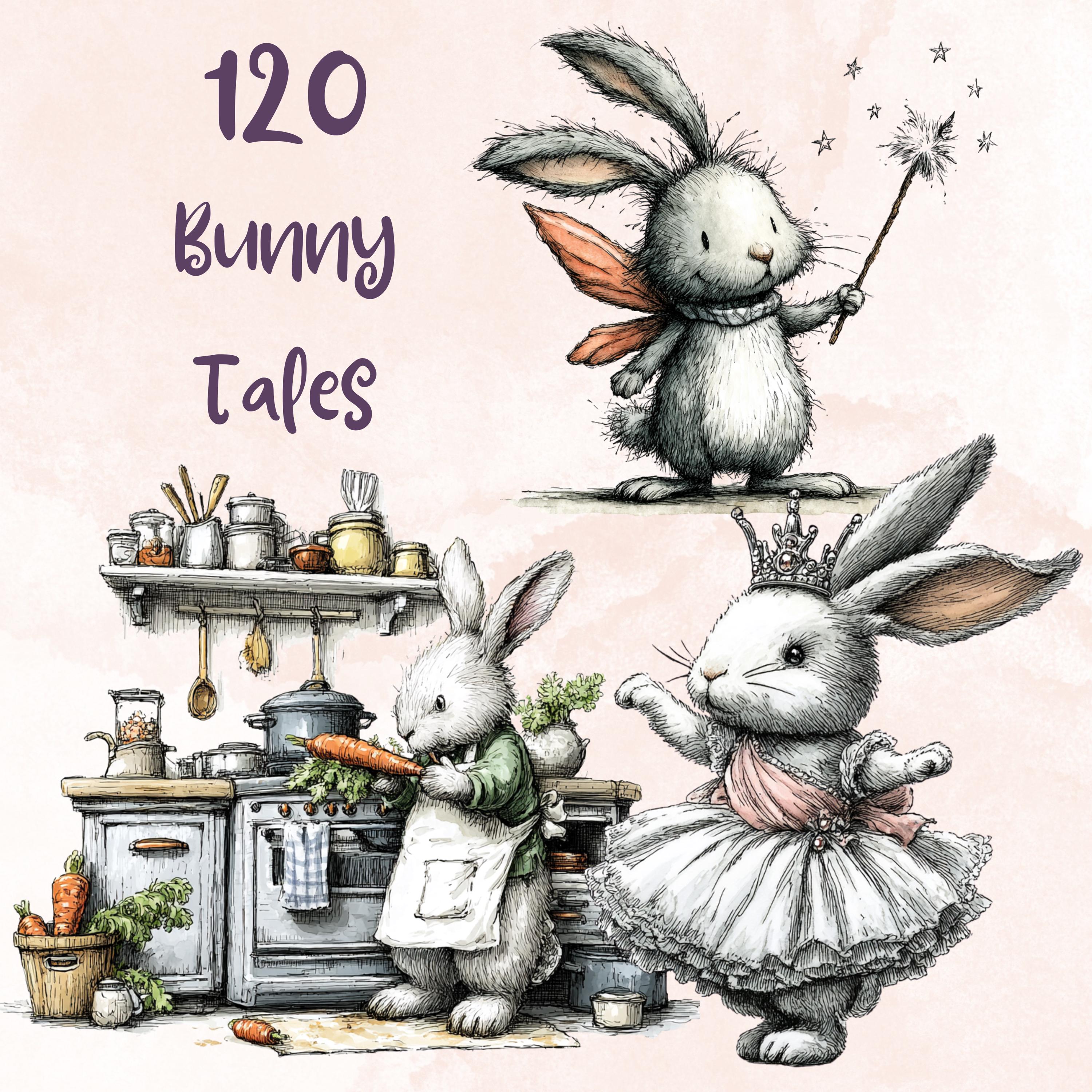 Whimsical Bunny Tales Clipart Bundle, Quirky Storybook Rabbit PNG ...