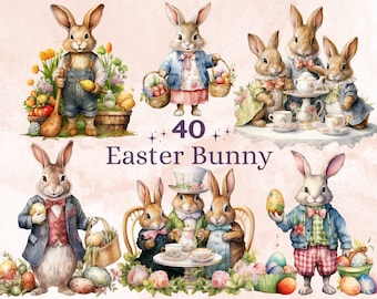 40 PNG Watercolor Easter Bunny Clipart, Floral Easter Rabbit Illustrations Clip art, Garden Farmer Bunny Sublimation, Rabbit Tea Party Png