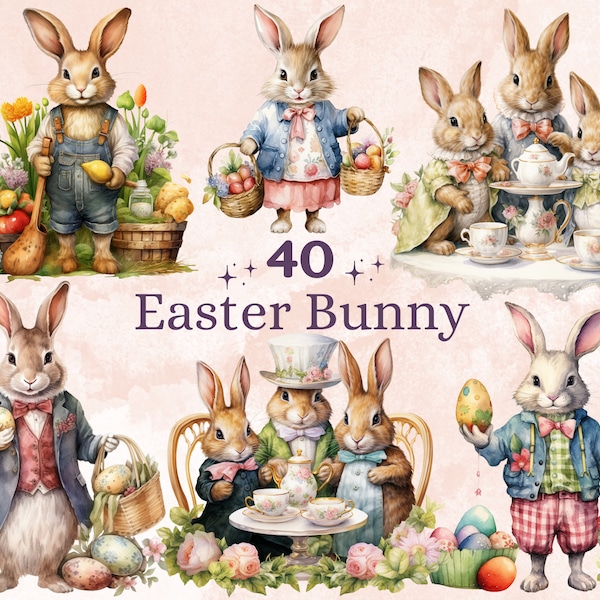 40 PNG acuarela conejito de Pascua Clipart, ilustraciones florales de conejo de Pascua Clip art, sublimación de conejito de granjero de jardín, fiesta de té de conejo Png