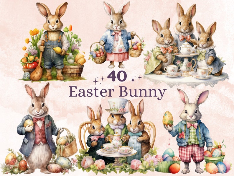 40 PNG Watercolor Easter Bunny Clipart, Floral Easter Rabbit Illustrations Clip art, Garden Farmer Bunny Sublimation, Rabbit Tea Party Png