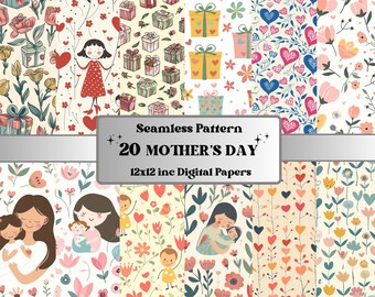 Papier numérique sans couture pour la fête des mères, joli motif sans couture pour la fête des mères, fond floral cadeau pour maman, motif familial kawaii, papier de scrapbooking