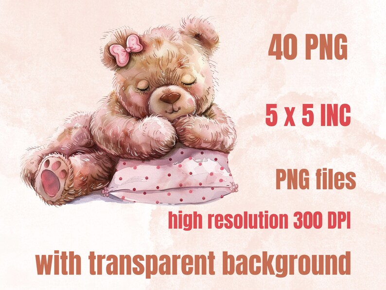 40 PNG Watercolor Pink Teddy Bear Clipart, Baby Shower for a Girl ...