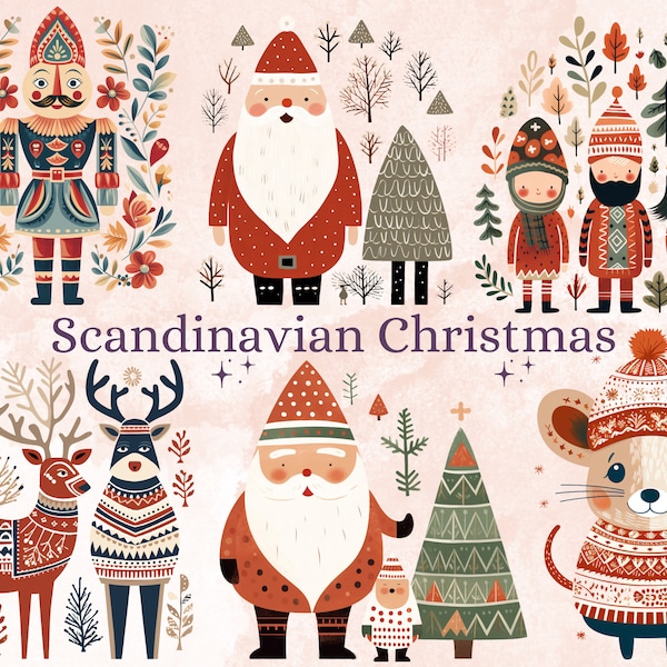 50 PNG Watercolour Scandinavian Christmas Clipart, Christmas Folk Art Illustrations Clip art, Winter Holiday png, Nordic Xmas Noel Ornaments