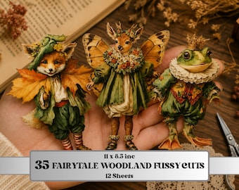 Fairytale Woodland Fussy Cuts Printable, 35 Quirky Forest Animals Cutouts, Cottagecore Ephemera Junk Journal Scrapbook Sheets