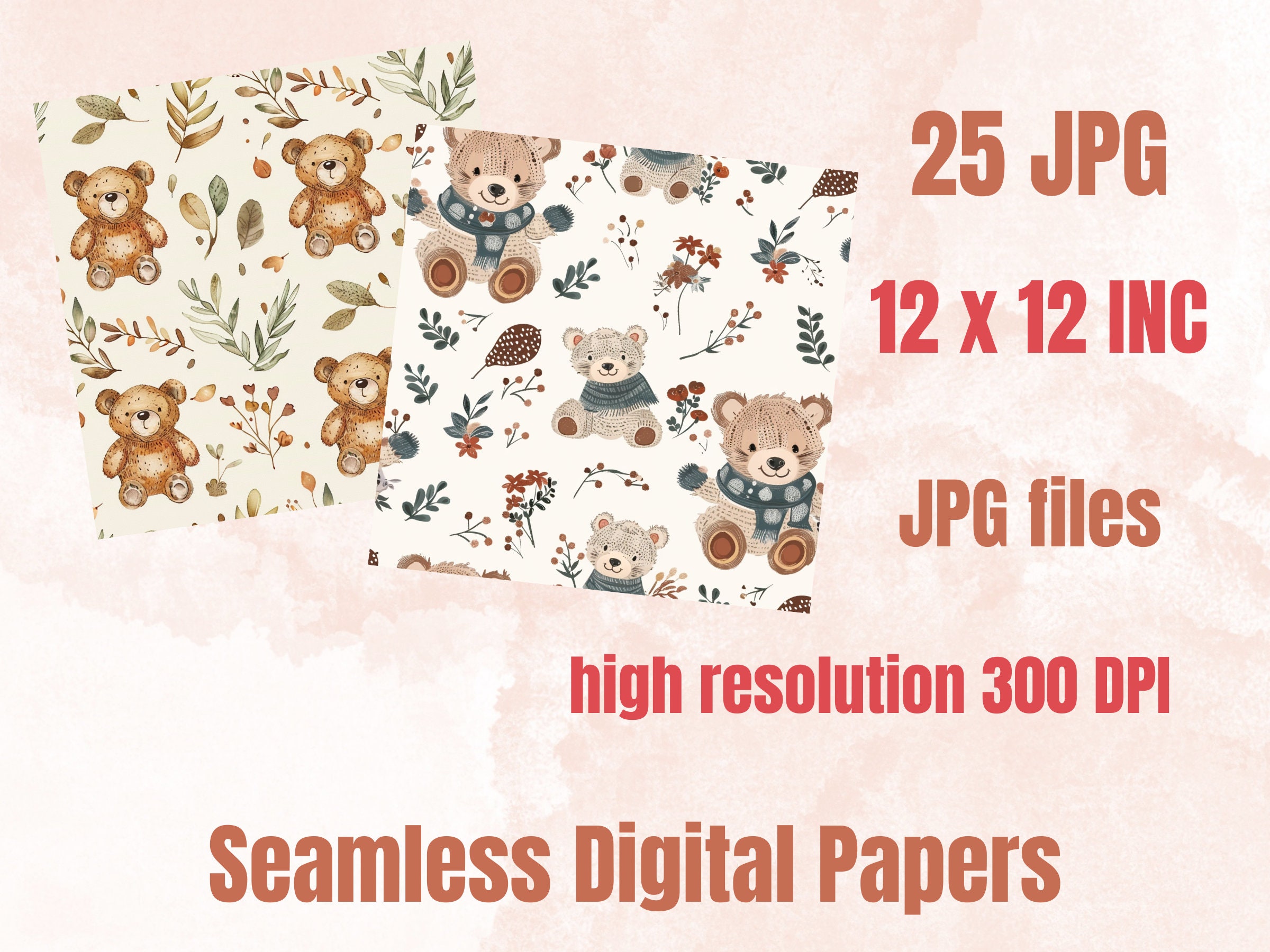Seamless Teddy Bear Pattern Paper, Baby Bear Nursery Ephemera, Seamless ...