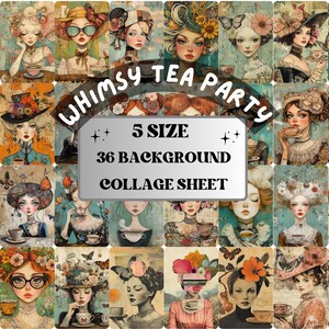 Whimsy Tea Party Collage Paper, Surreal Tea Time Mixed Media Art Sheet, Whimsical Ephemera Images, Quirky Tea Junk Journal, Scrapbook Paper