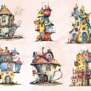 30 PNG Watercolor Quirky House Clipart, Whimsical Mushroom House Illustrations Clip art, Teapot Fairy House png, Cute Apartment Sublimation