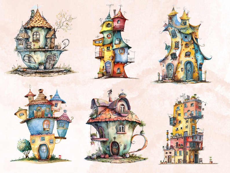30 PNG Watercolor Quirky House Clipart, Whimsical Mushroom House Illustrations Clip art, Teapot Fairy House png, Cute Apartment Sublimation