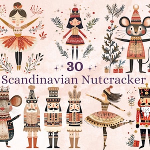 30 PNG Clipart de quebra-nozes de Natal escandinavo, Clip art de ilustração de arte popular de Natal, png de quebra-nozes de inverno, ornamento de Natal nórdico