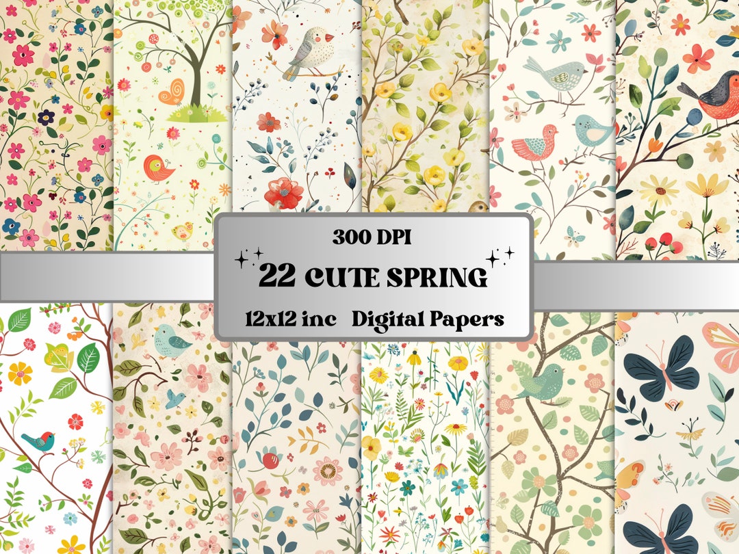 Cute Spring Notebook Paper Cute Spring Digital Paper Pack, Cute Pastel Nursery Pattern Paper ...