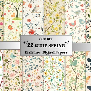 Pacote de papel digital fofo de primavera, papel fofo com padrão de berçário pastel, fundo de flores bonitas kawaii, papel botânico boho de verão fofo