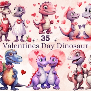 35 PNG Aquarelle Saint-Valentin Dinosaur Clipart, Belle Saint-Valentin Dino Illustrations Clip art, Cute Love Animals Png Sublimation