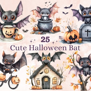 25 PNG Akwarela Słodkie Halloween Nietoperz Clipart, Słodkie Straszne Zwierzęta Ilustracje Clip Art, Kawaii Zabawny Nietoperz Png, Upiorny Sezon Sublimacja