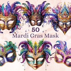 50 PNG aquarel Mardi Gras Mask clipart, Masquerade illustratie illustraties, Fleur De Lis png, Feather Mask sublimatie, Fantasy Carnival