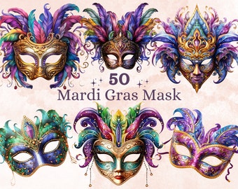 50 PNG Aquarell Karneval Maske Clipart, Maskerade Illustration Clip art, Fleur De Lis png, Feather Mask Sublimation, Fantasy Karneval