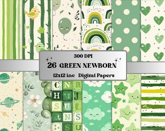 Printable Green Newborn Baby Paper, Green Baby Nursery Ephemera, New Baby Shower Pages, Download Junk Journal, Scrapbooking, Card Making