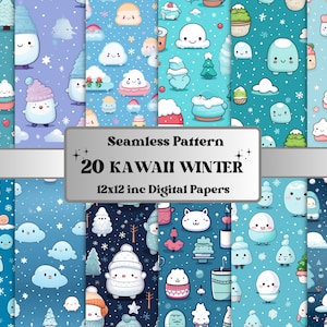 Nahtlose Kawaii Winter Digital Paper Pack, süße verschneite Urlaub wiederholendes Muster, Weihnachten festliche nahtlose Textur Hintergrund, Scrapbooking