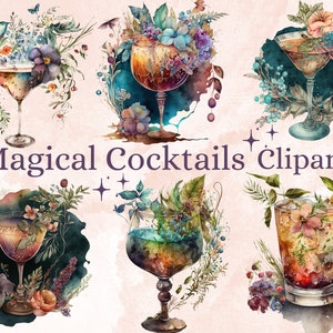 18 PNG aquarelle Magical Cocktails Clipart, Cocktail Clip Art aquarelle, clipart boissons alcoolisées, Drink Bar Menu, Floral Cocktails png
