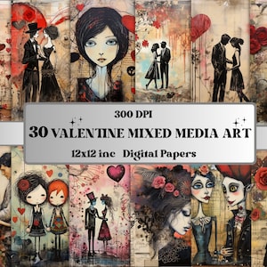 Printable Valentine's Day Mixed Media Collage, Whimsical Valentine Ephemera Kit, Mixed Media Art Digital Paper, Junk Journal, Scrapbooking