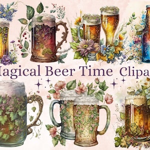20 PNG aquarel bier tijd clipart, bloemen bier clip art aquarel, bier downloaden, alcoholische dranken, drank PNG, bar menu clip art set