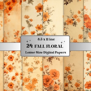 Printable Fall Floral Digital Paper, Fall Autumn Ephemera, Vintage Orange Flowers Pages, Download Junk Journal, Scrapbooking, Card Making