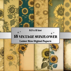 Printable JPG Pages Vintage Sunflower Junk Journal Digital Paper Pack, Sunflower Scrapbook Paper, Vintage Journal Pages Ephemera Collage