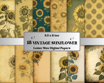 Printable JPG Pages Vintage Sunflower Junk Journal Digital Paper Pack, Sunflower Scrapbook Paper, Vintage Journal Pages Ephemera Collage