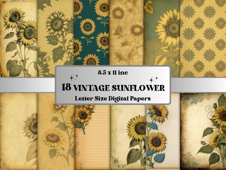 Printable JPG Pages Vintage Sunflower Junk Journal Digital Paper Pack ...