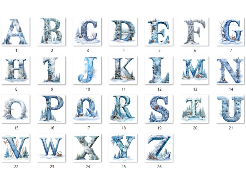 Pode incluir: Um alfabeto de aquarela com cada letra decorada com uma cena de inverno, incluindo &aacute;rvores cobertas de neve, casas e animais. As letras est&atilde;o em um esquema de cores azul e branco.