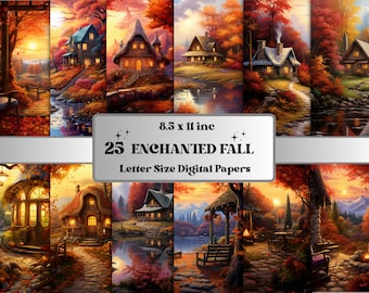 Printable Enchanted Fall Scenes Digital Paper, Cozy Autumn Background, Fantasy Fall Pages, Download Junk Journal, Scrapbooking, Card Making