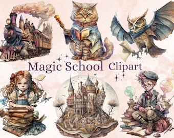 40 PNG Watercolor Fantasy Magic School Clipart, Wizard Academy png clip art bundle, Wizard school clipart, Witch and Wizard Supplies clipart
