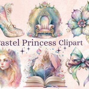 26 PNG Aquarell Pastell Prinzessin Clipart, Prinzessin Clip Art Aquarell Bundle, Prinzessin Clipart PNG, kleine Prinzessin Geburtstagsparty Set
