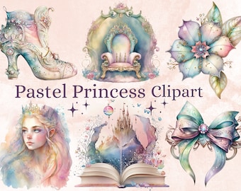 May include: Pastel princess themed clipart set featuring a crown, a book, a throne, a shoe, a bow, a flower, and a princess. The images are painted in watercolor with a soft, dreamy aesthetic.