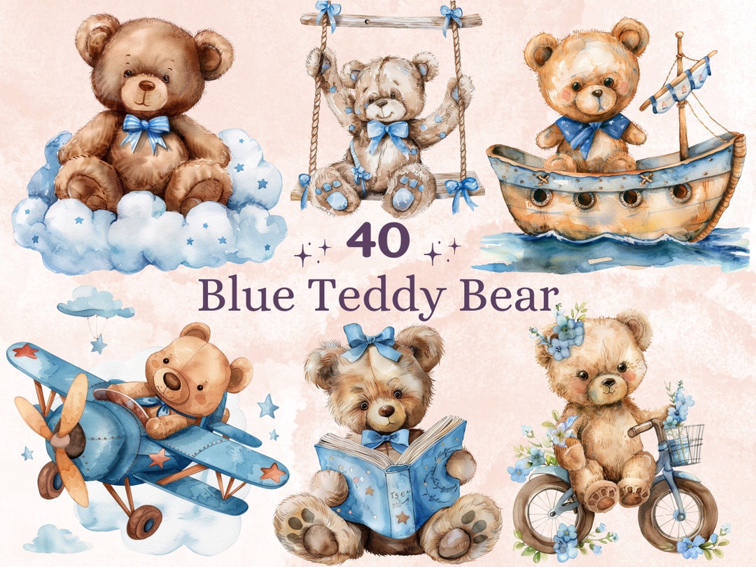 40 PNG Watercolor Blue Teddy Bear Clipart, Baby Shower for a Boy ...