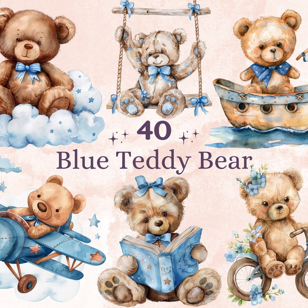 40 PNG Watercolor Blue Teddy Bear Clipart, Baby Shower For a Boy Illustration Clip art, Nursery Teddy png, Gender Reveal Party Sublimation