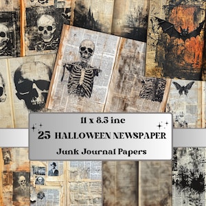 Halloween Newspaper Mixed Media Paper, Spooky Double Pages Ephemera Kit, Halloween Collage Scrapbook Paper, Printable Horizontal Pages
