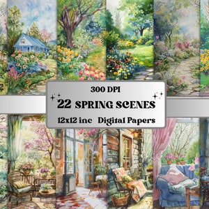 Papier numérique imprimable aquarelle de scènes de printemps, kit de carnet de bords de paysages printaniers douillets, fond de forêt florale, toile de fond de fleurs de jardin