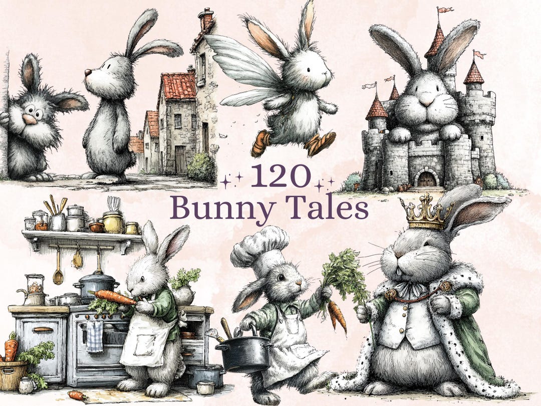 Whimsical Bunny Tales Clipart Bundle, Quirky Storybook Rabbit PNG ...