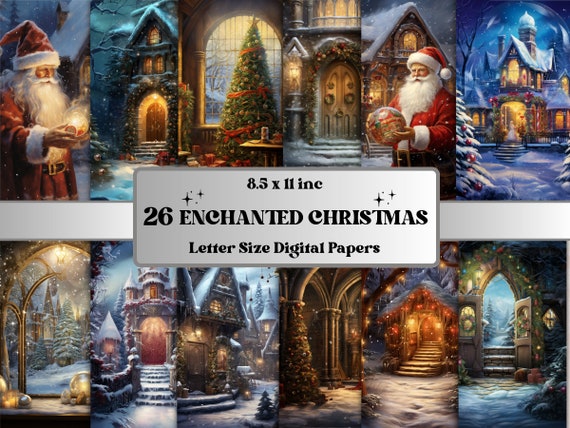 Printable Enchanted Christmas Digital Paper, Christmas Holiday Background, Winter Landscape Backdrop, Download Junk Journal, Scrapbooking