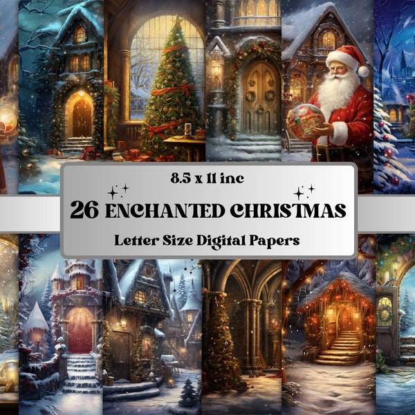 Printable Enchanted Christmas Digital Paper, Christmas Holiday Background, Winter Landscape Backdrop, Download Junk Journal, Scrapbooking