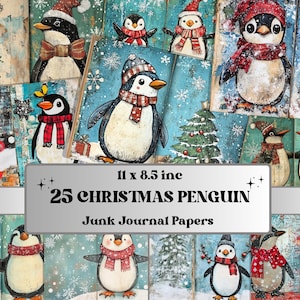 Kit de diario basura con pingüinos navideños, páginas de efímeras con pingüinos de invierno, hoja de collage de técnica mixta, papel para álbum de recortes navideño, tarjeta ATC de Navidad nevada