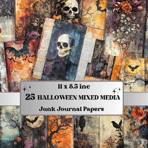 Halloween Mixed Media Paper, Spooky Textures Pages Ephemera Kit, Creepy Halloween Collage Scrapbook Paper, Printable Horror Double Pages