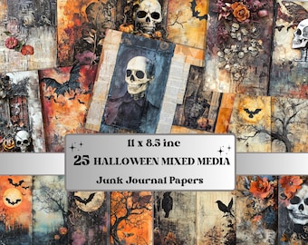 May include: A collection of 25 Halloween-themed mixed media junk journal papers, each 11 x 8.5 inches. The papers feature skulls, bats, and other spooky imagery in a variety of colors, including orange, black, and brown.